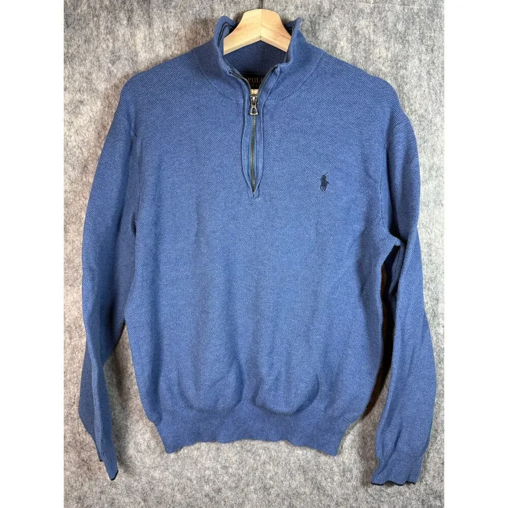 Polo Ralph Lauren Pima Cotton 1/4 Zip Large Blue Sweater Pullover Preppy Casual